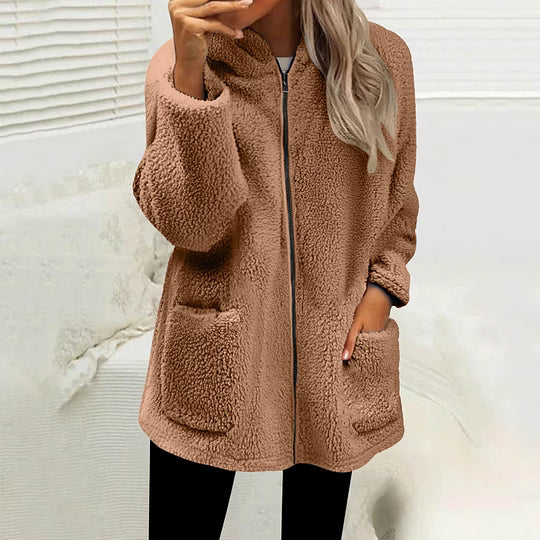 Giacca teddy da donna con zip e tasche applicate