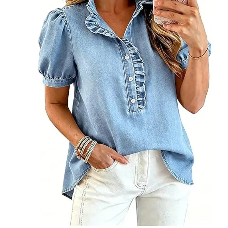 Top donna in denim con volant e maniche a sbuffo