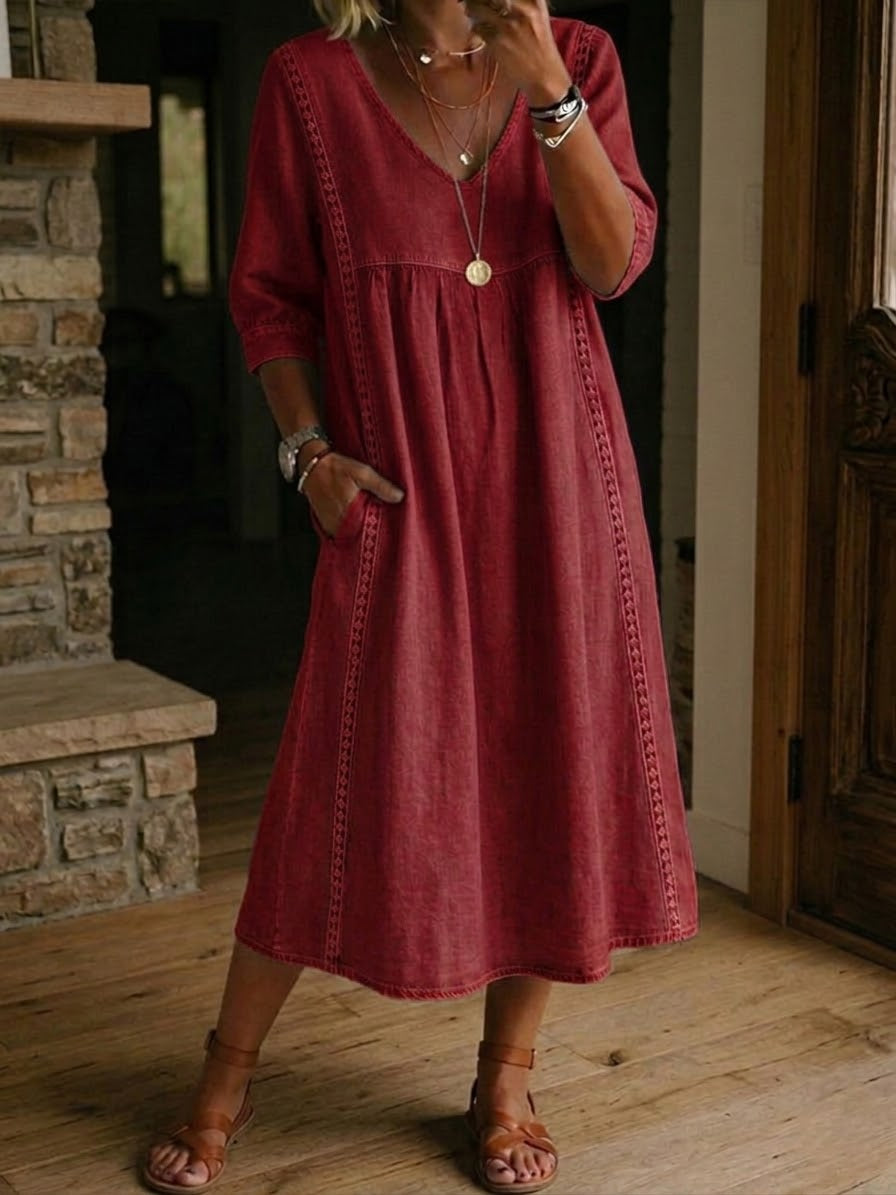 Abito midi donna in cotone lino con pizzo e tasche