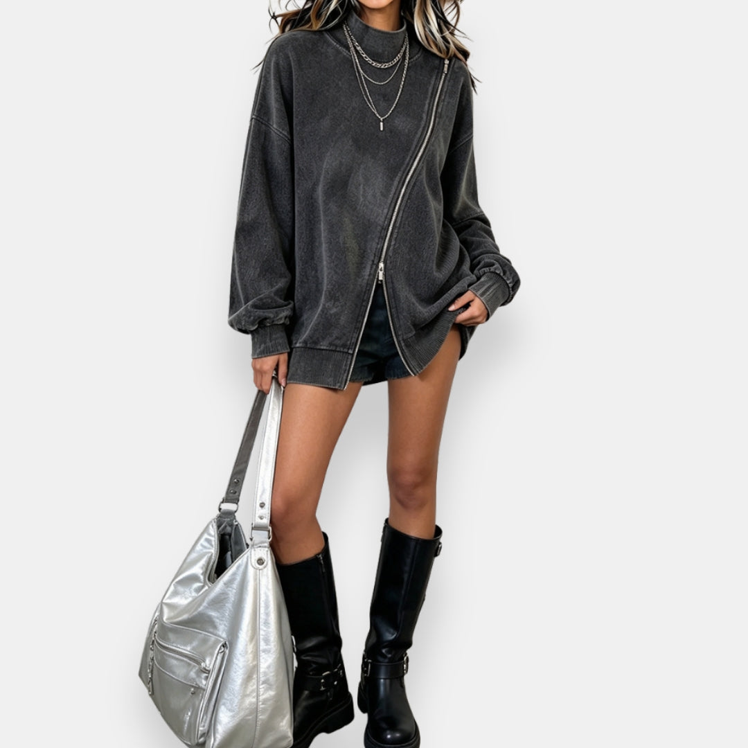 Felpa donna oversize con zip diagonale ed effetto vintage