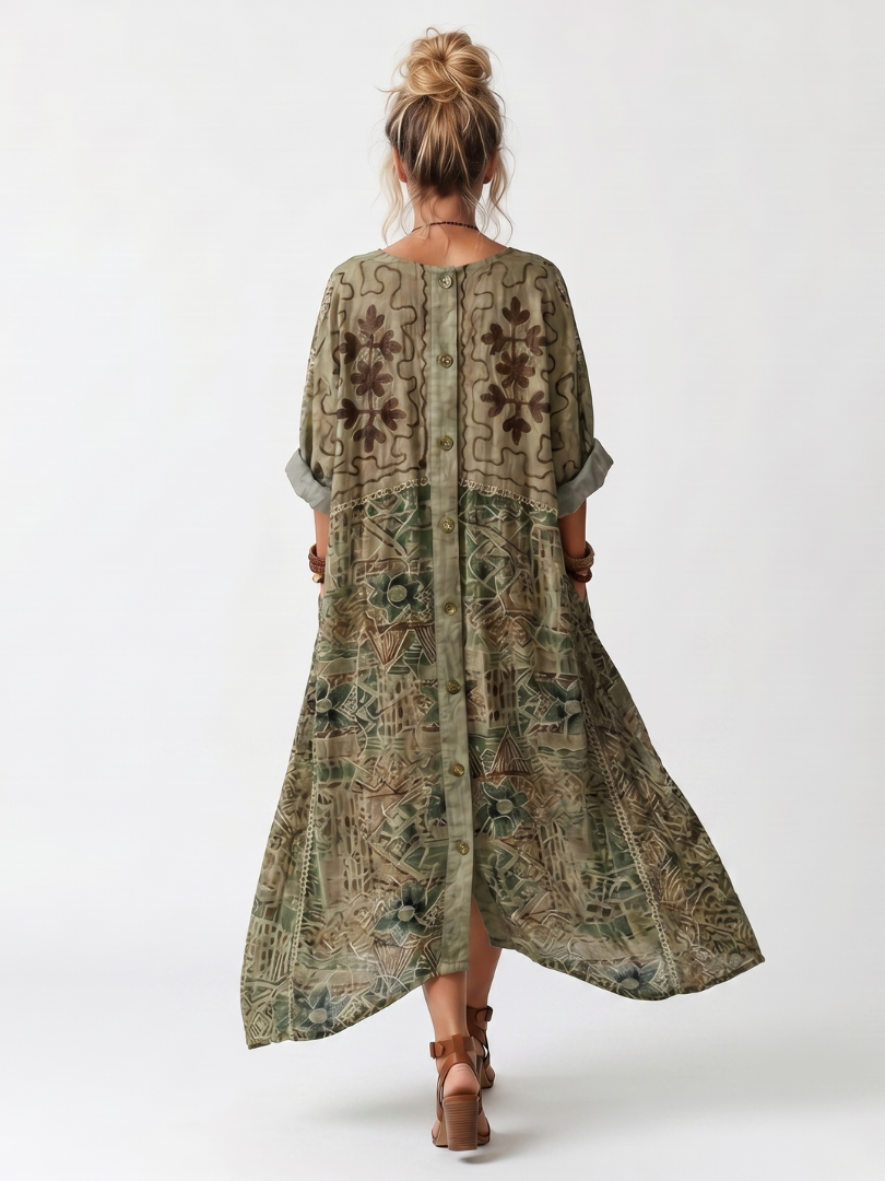 Abito midi donna bohemien con bottoni e stampa floreale
