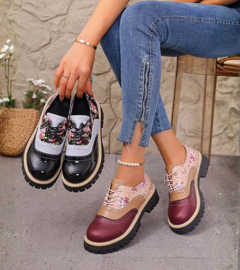 Scarpe Oxford donna floreali con suola platform e lacci