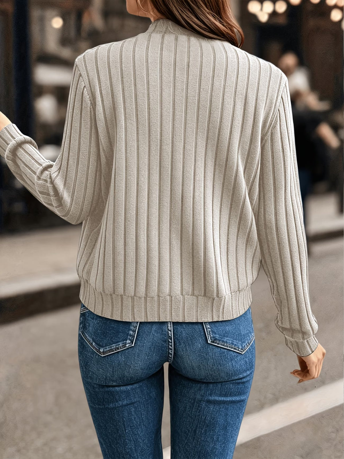 Cardigan donna a coste con zip frontale e maniche lunghe