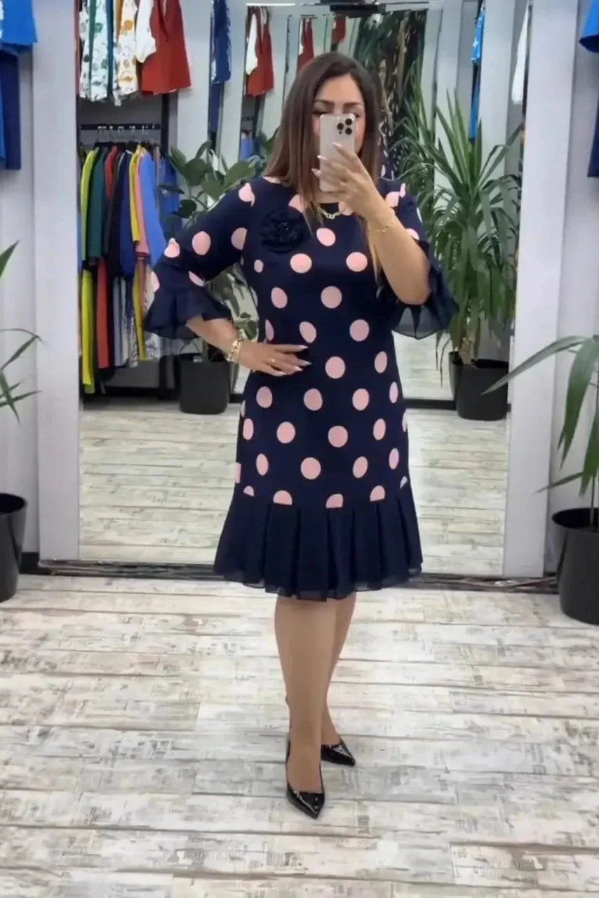 Abito donna a pois con gonna plissettata e linea ad A
