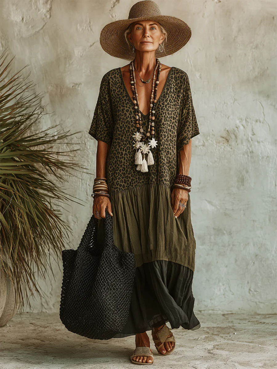 Abito midi da donna boho con stampa leopardata
