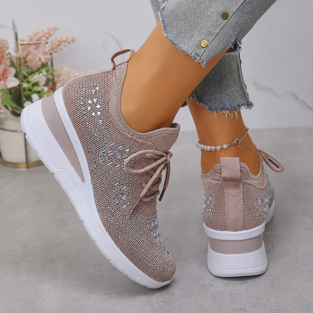 Sneakers donna con zeppa scintillante e rete traspirante