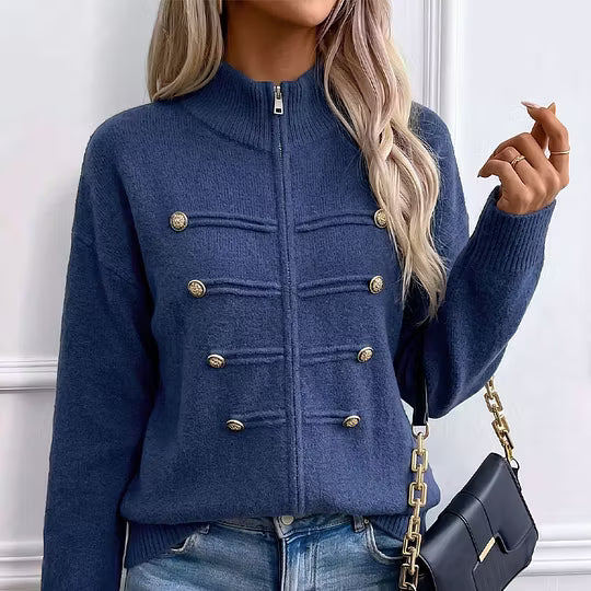 Cardigan donna in maglia con collo alto, zip e bottoni decorativi
