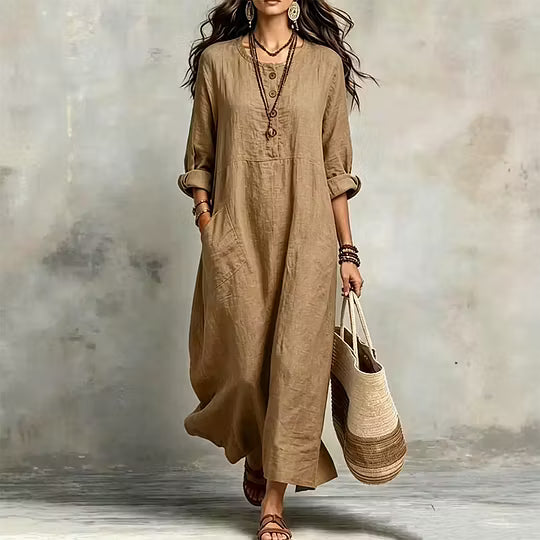Abito maxi donna fluido con bottoni frontali e tasche