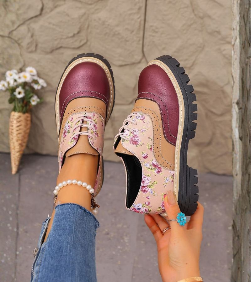 Scarpe Oxford donna floreali con suola platform e lacci