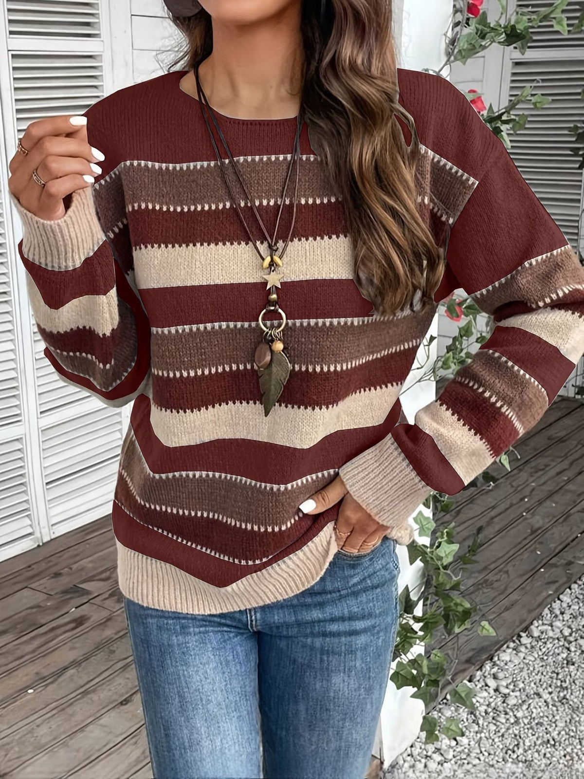 Maglione donna a righe colorblock con girocollo e maniche lunghe
