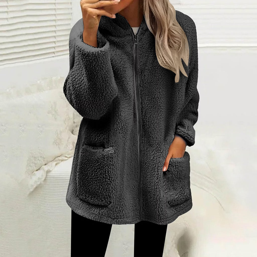 Giacca teddy da donna con zip e tasche applicate