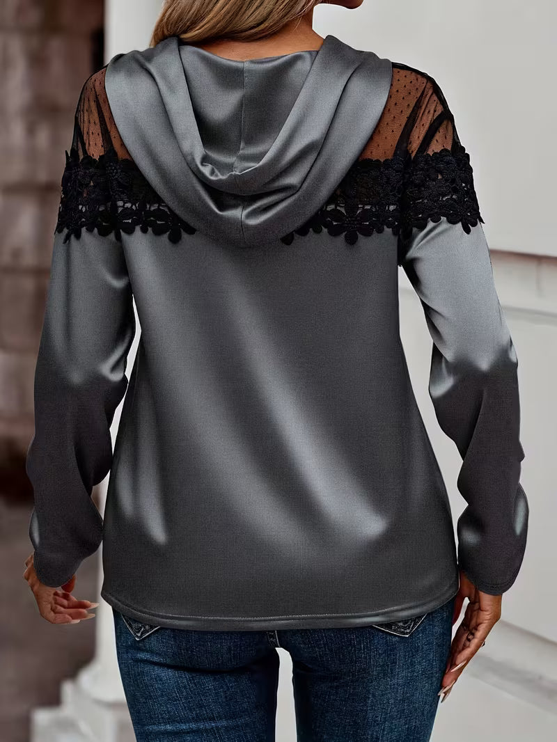Felpa donna elegante con cappuccio, pizzo e inserto trasparente