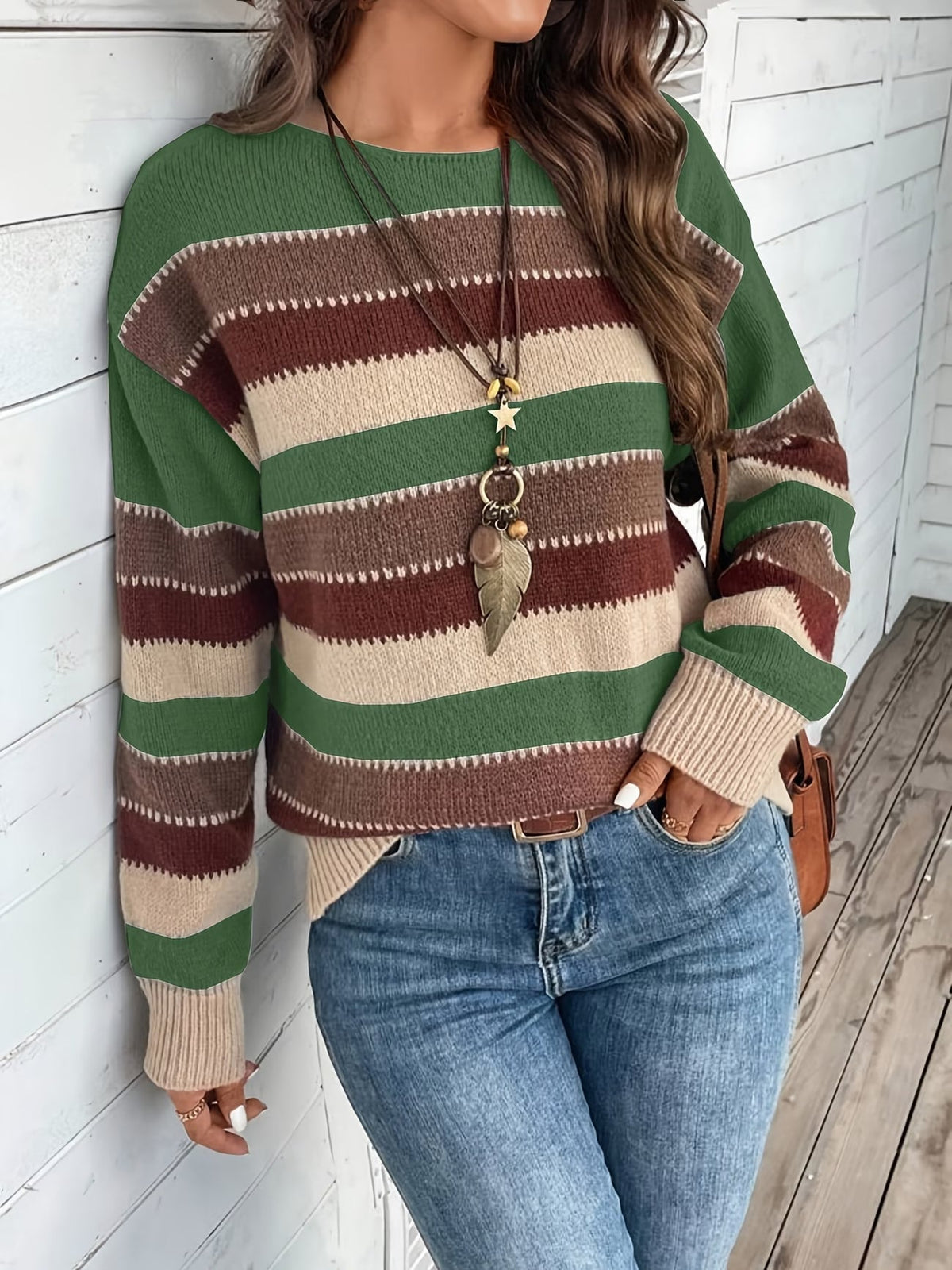 Maglione donna a righe colorblock con girocollo e maniche lunghe