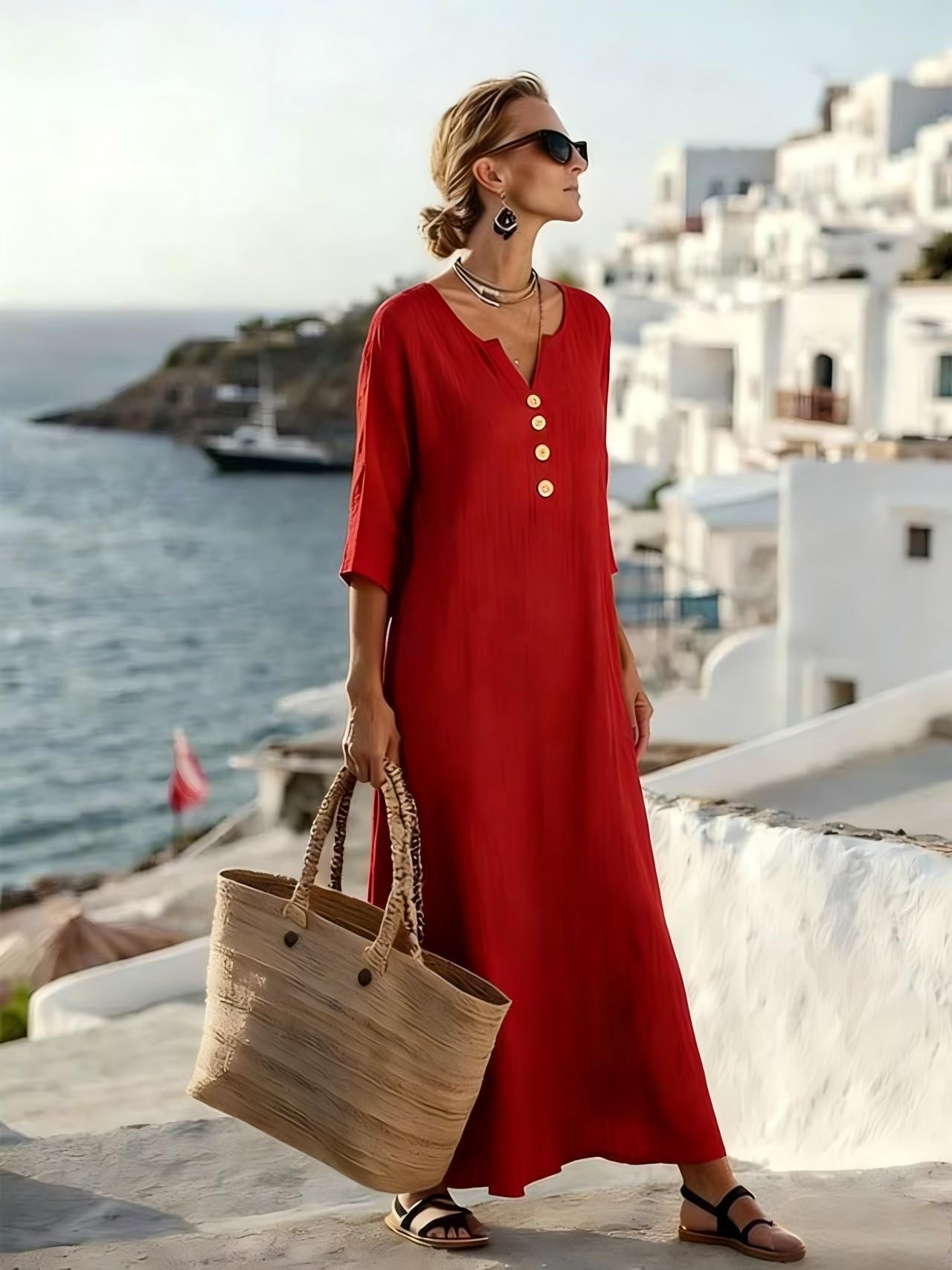Abito maxi da donna in cotone lino con bottoni