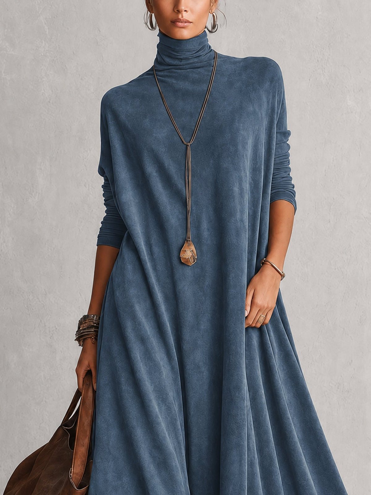 Abito maxi donna effetto suede con collo alto e bordo in pizzo
