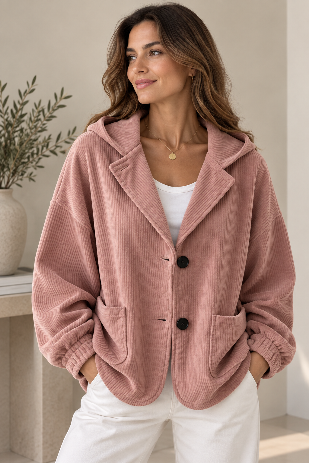 Giacca donna oversize in velluto a coste con cappuccio