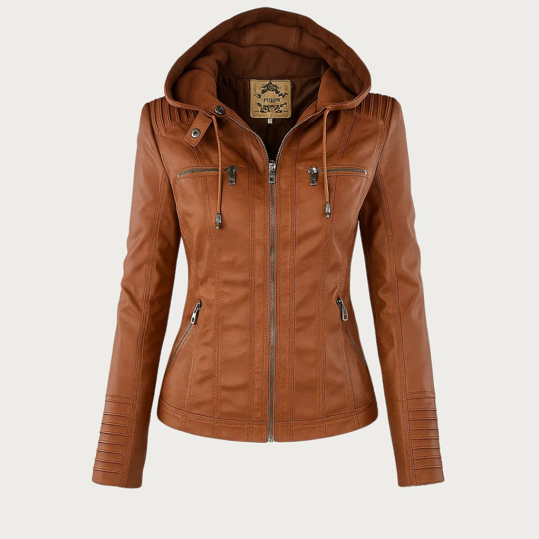 Giacca donna con cappuccio, zip e dettagli stile biker