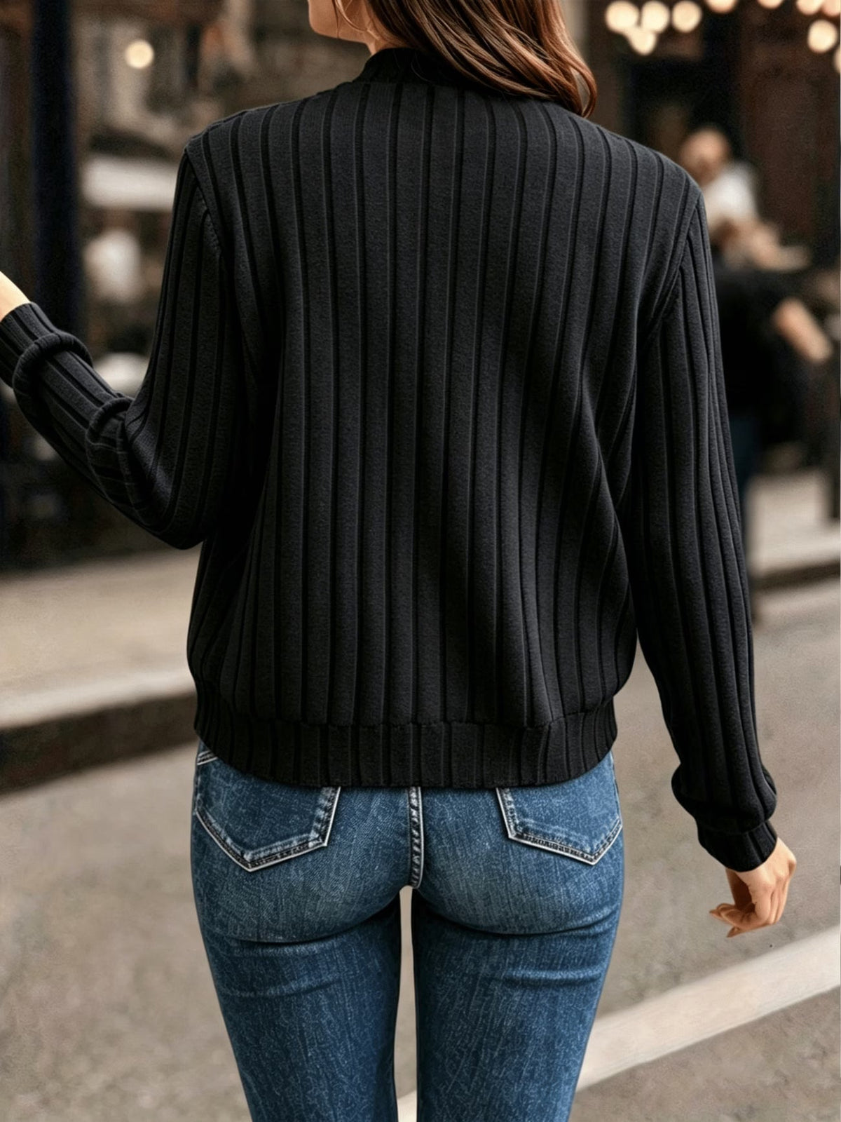 Cardigan donna a coste con zip frontale e maniche lunghe
