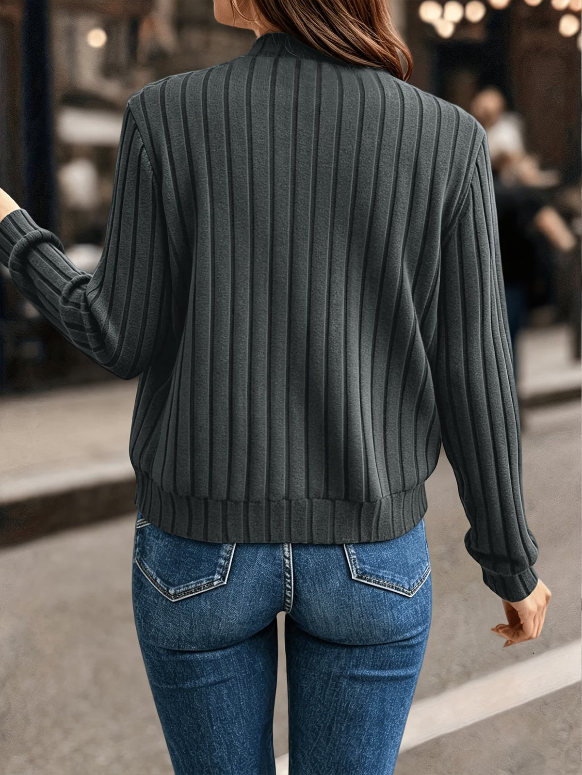 Cardigan donna a coste con zip frontale e maniche lunghe
