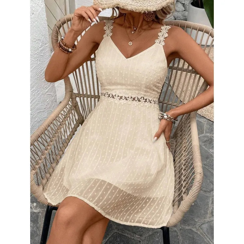 Abito mini donna plumetis con spalline in pizzo