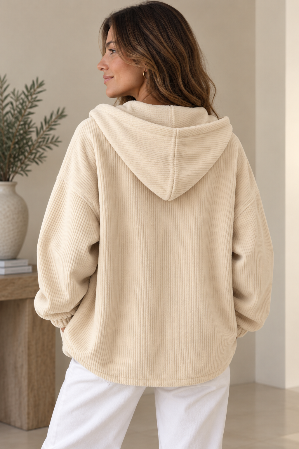 Giacca donna oversize in velluto a coste con cappuccio