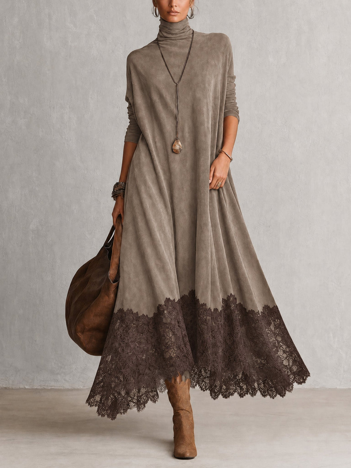 Abito maxi donna effetto suede con collo alto e bordo in pizzo