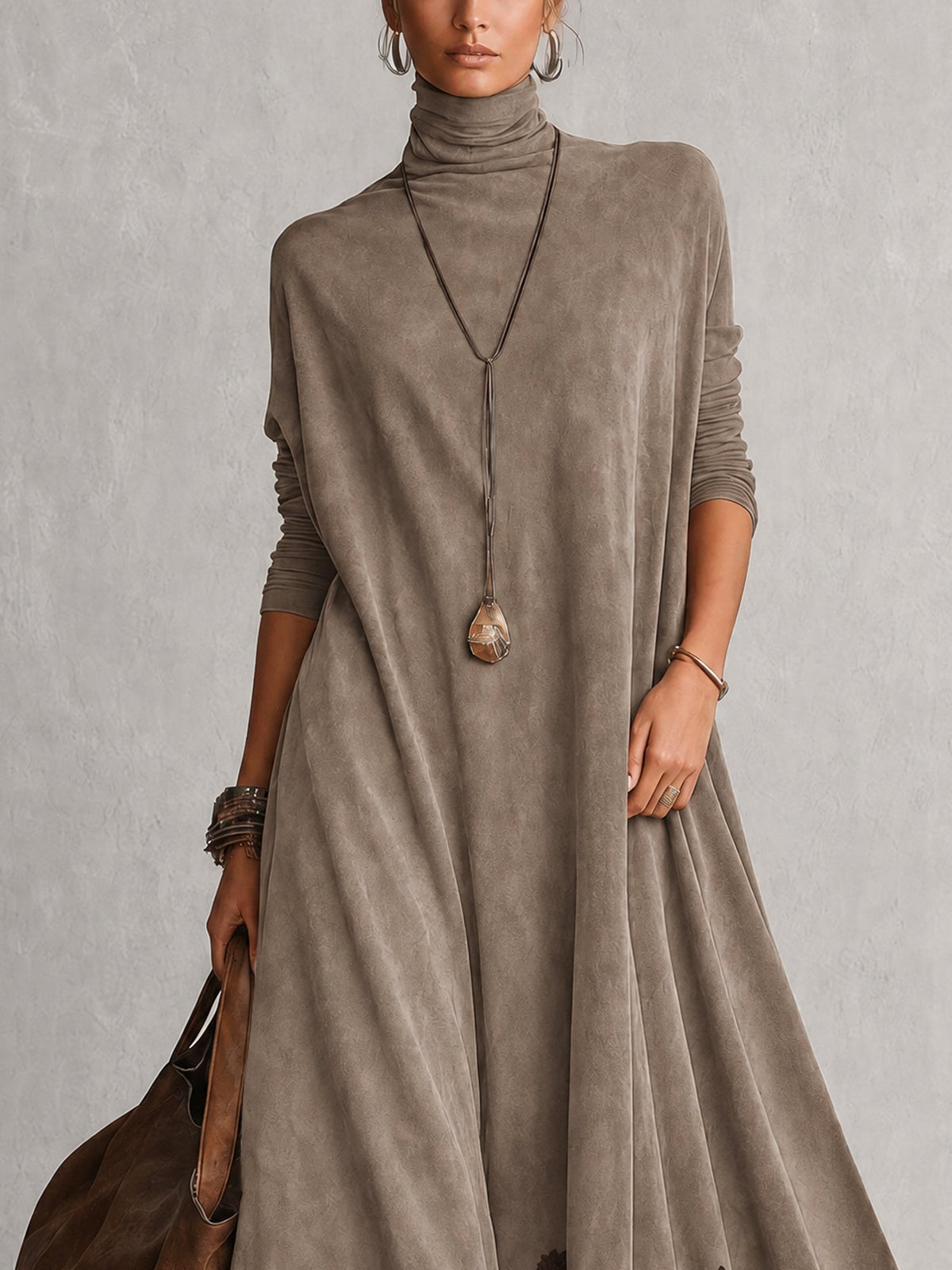 Abito maxi donna effetto suede con collo alto e bordo in pizzo