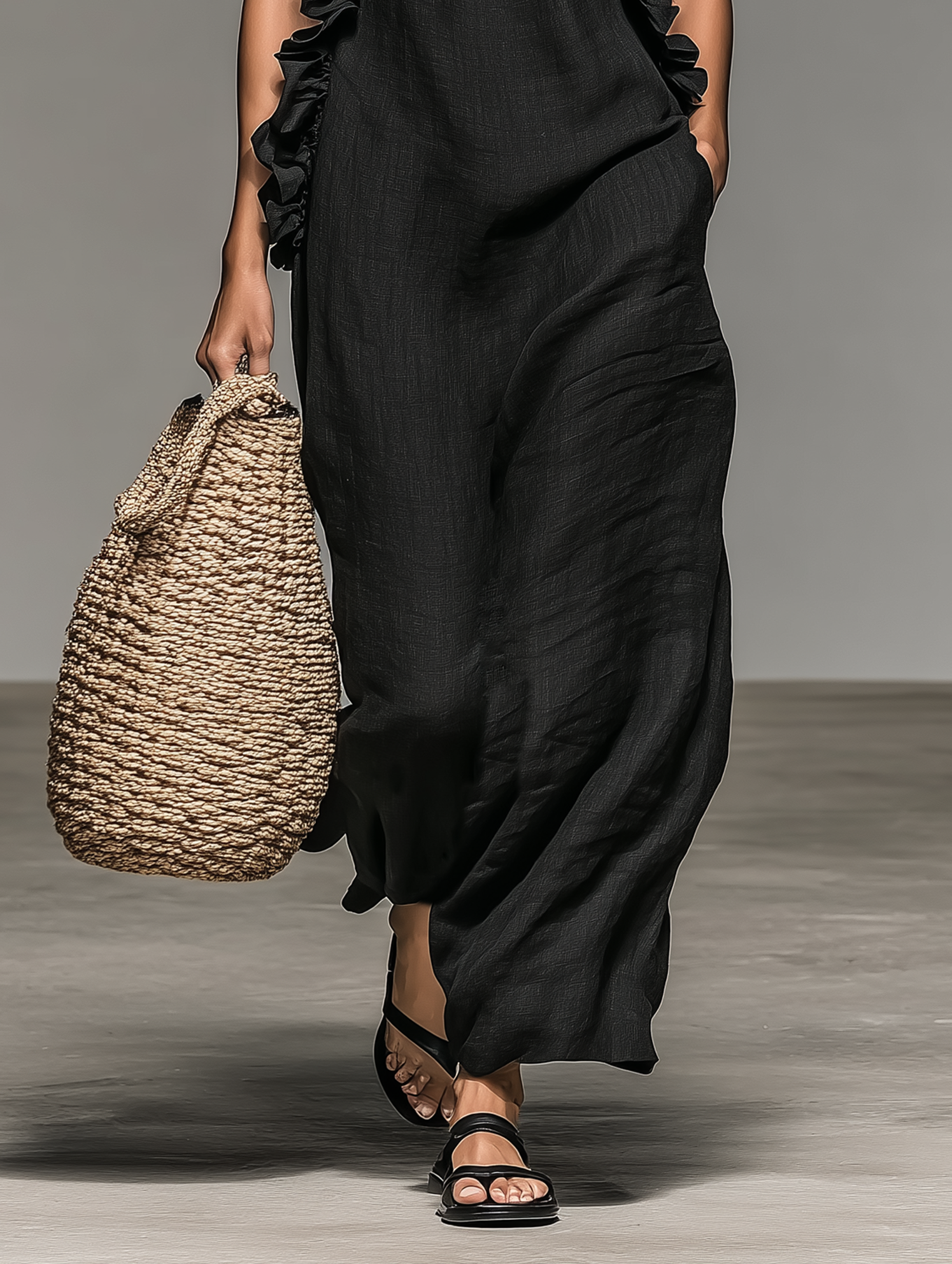Abito maxi donna senza maniche con volant e tasche