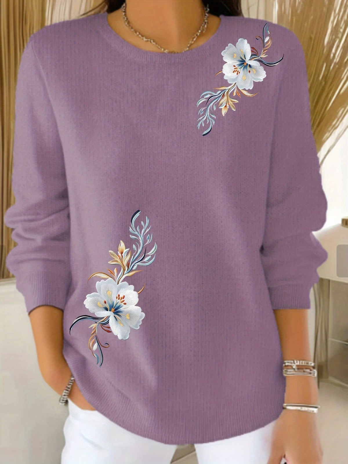 Maglione donna floreale in maglia morbida con collo rotondo
