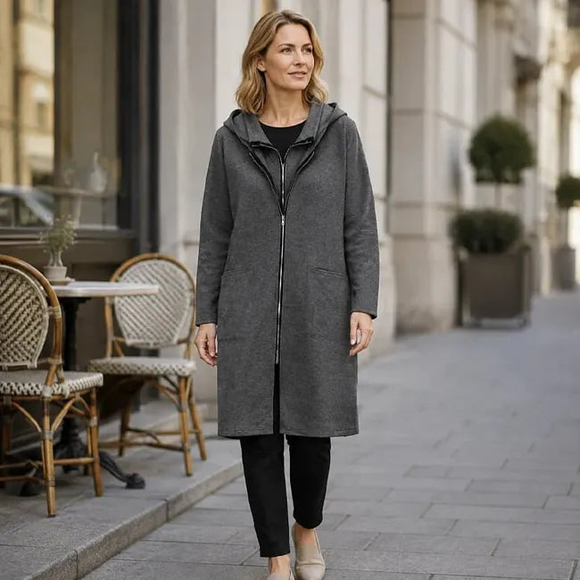 Giacca lunga donna con cappuccio, zip e tasche frontali