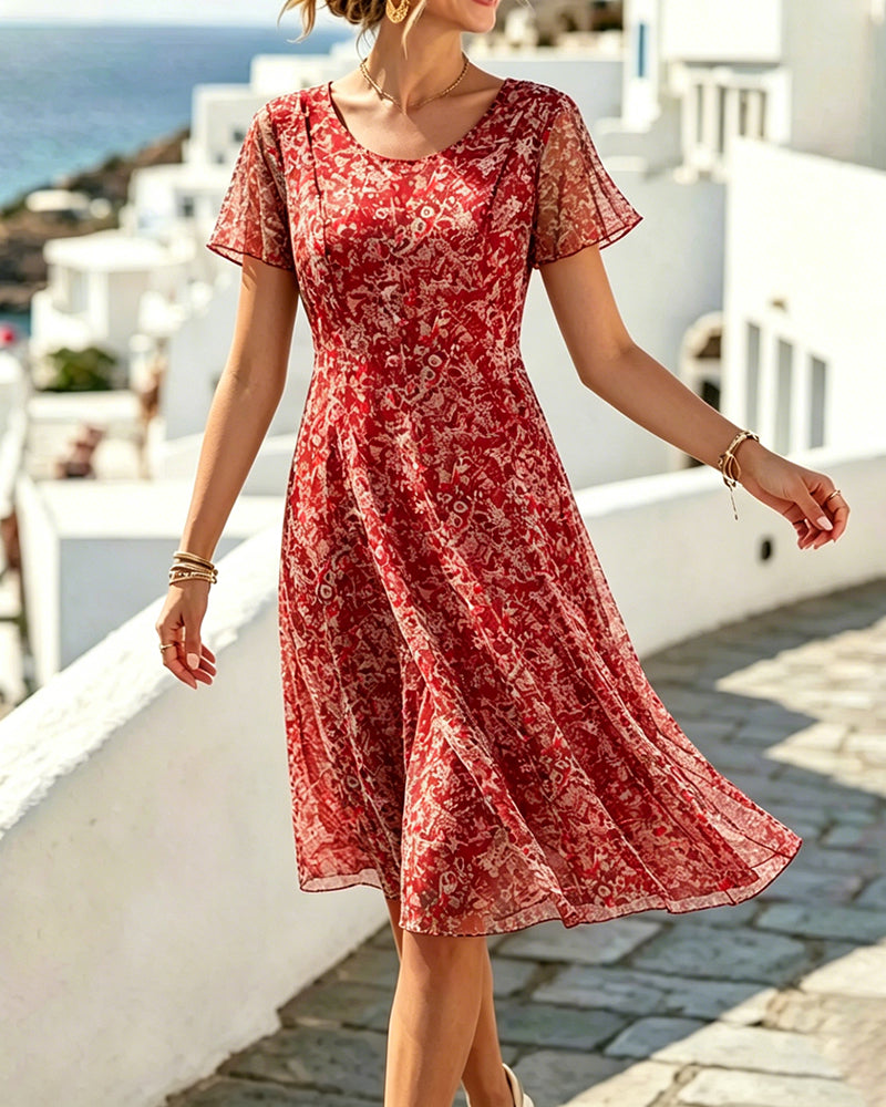 Abito donna floreale A-line con maniche corte