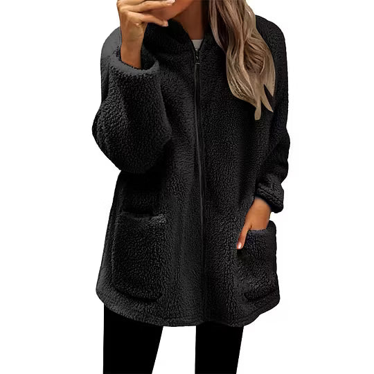 Giacca teddy da donna con zip e tasche applicate