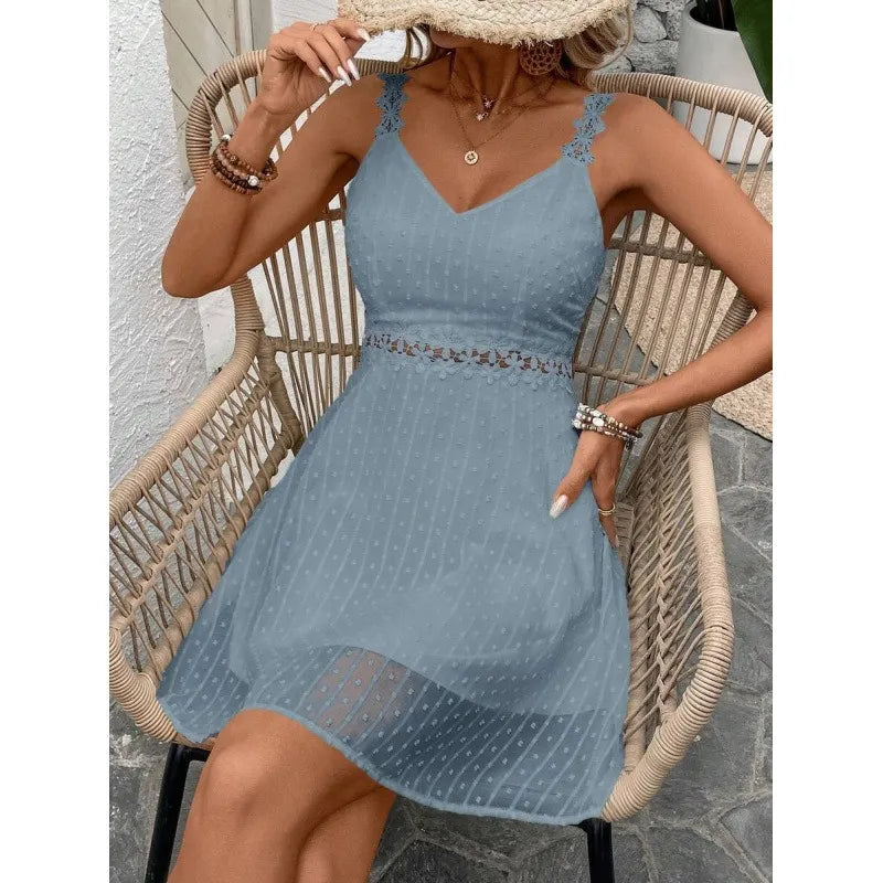 Abito mini donna plumetis con spalline in pizzo