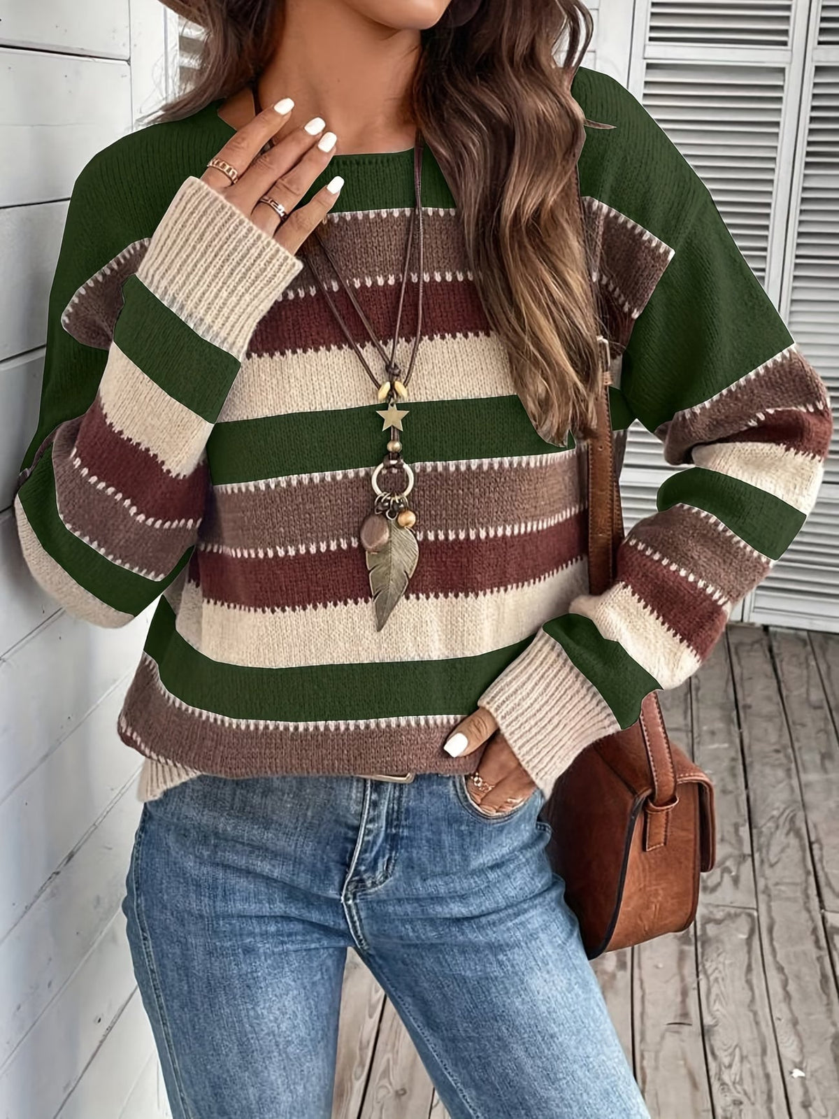 Maglione donna a righe colorblock con girocollo e maniche lunghe