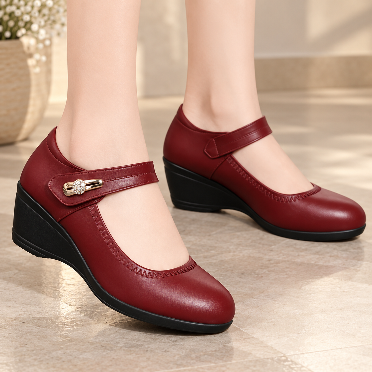 Scarpe donna con zeppa, cinturino e punta arrotondata