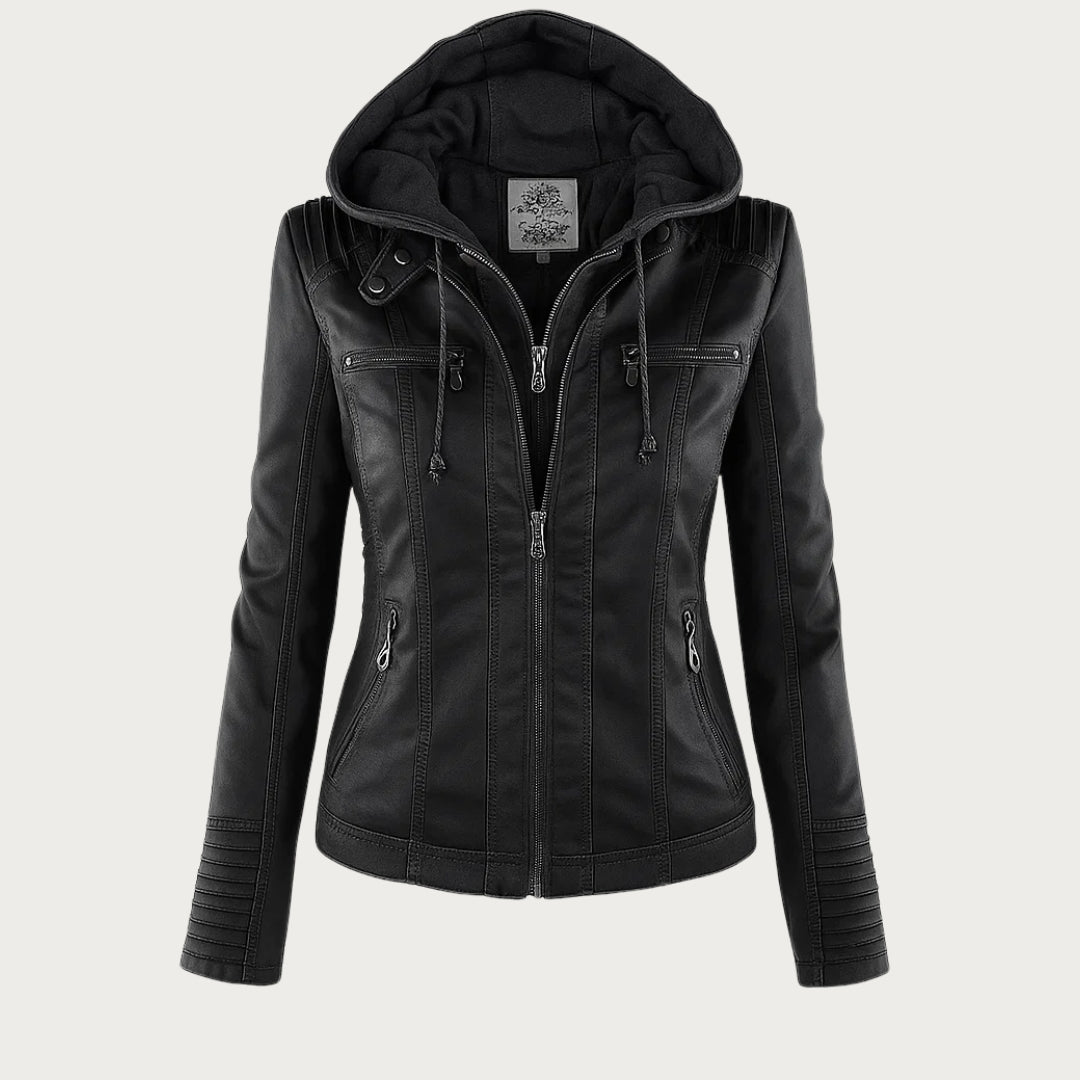 Giacca donna con cappuccio, zip e dettagli stile biker