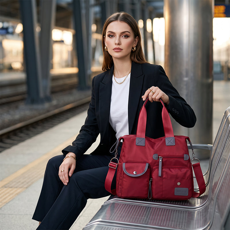 Borsa tote donna grande impermeabile in nylon con tasche