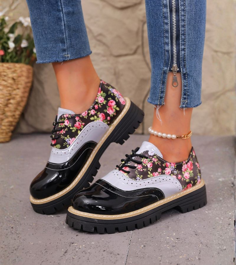 Scarpe Oxford donna floreali con suola platform e lacci
