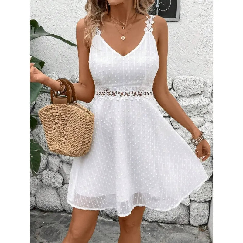 Abito mini donna plumetis con spalline in pizzo