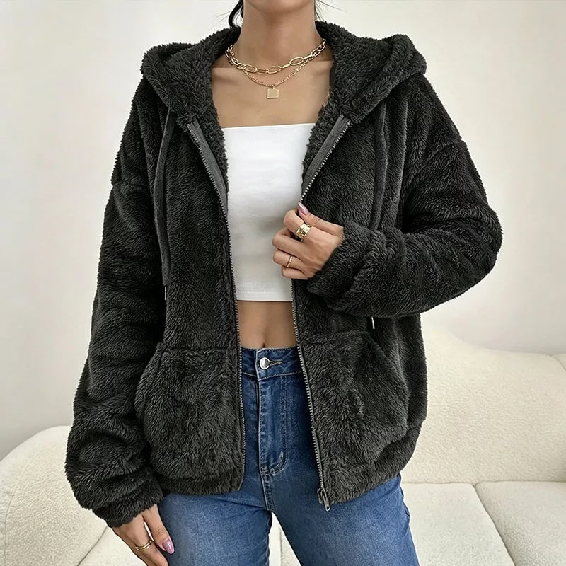 Giacca donna effetto teddy con cappuccio e zip frontale