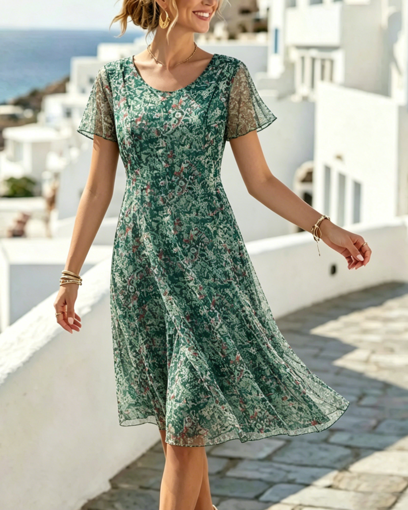 Abito donna floreale A-line con maniche corte