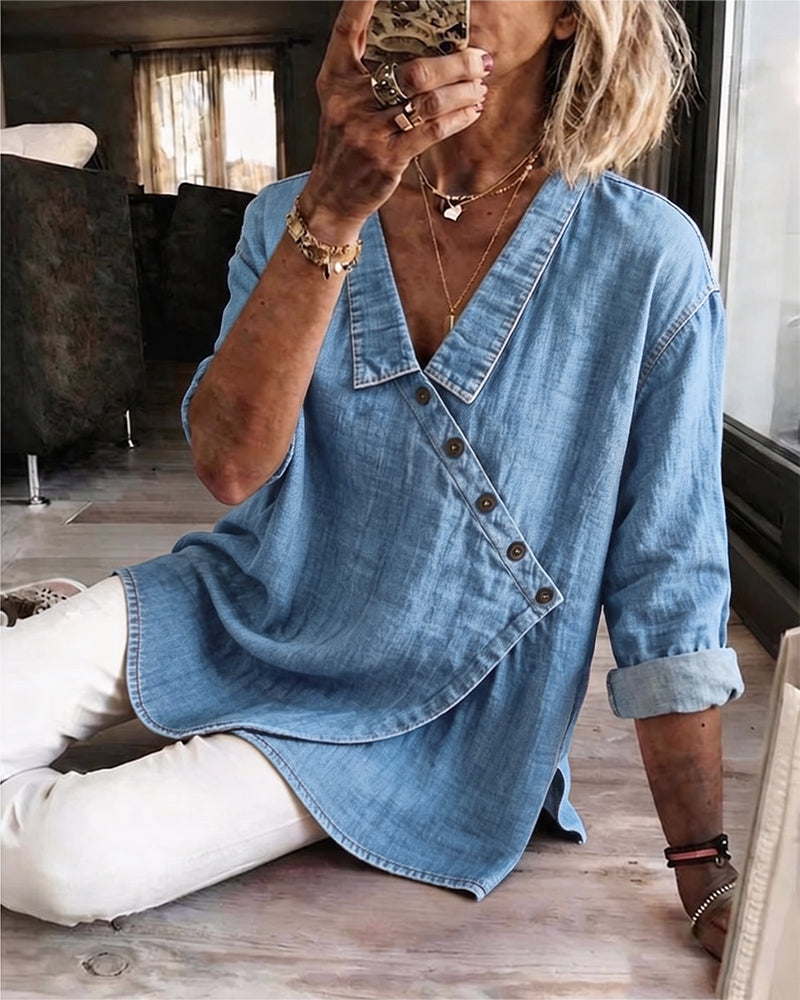 Blusa donna effetto denim con bottoni diagonali
