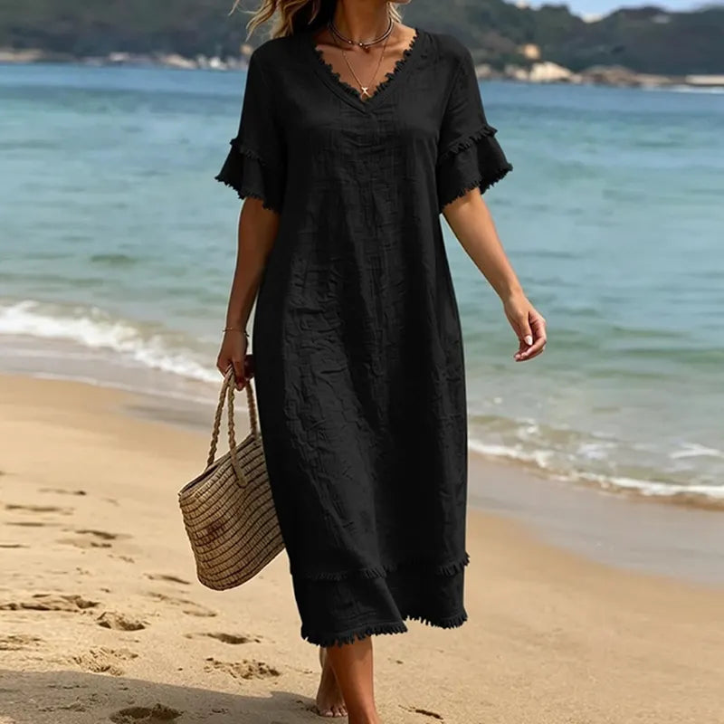 Abito donna bohémien con scollo a V e frange