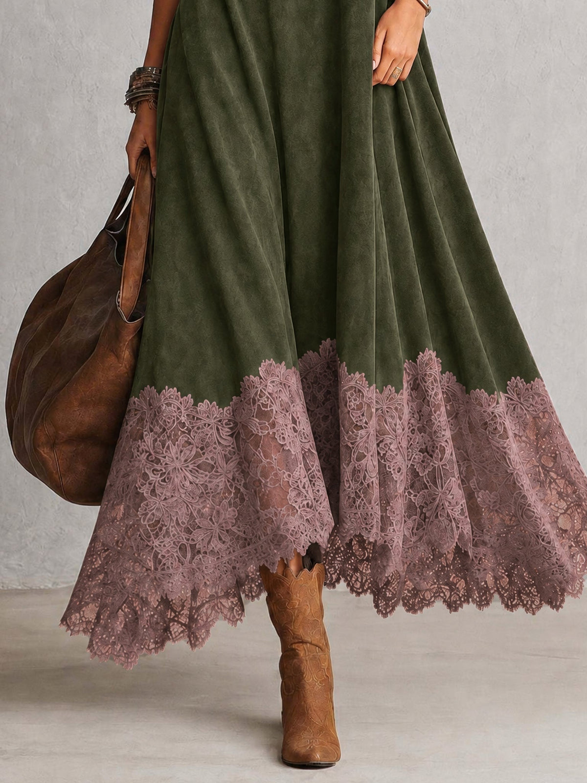 Abito maxi donna effetto suede con collo alto e bordo in pizzo