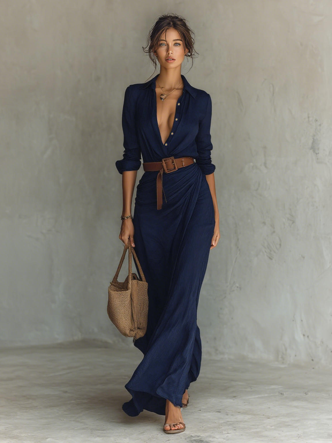 Abito maxi donna stile camicia con cintura in vit
