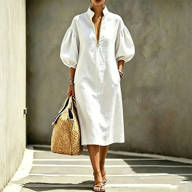 Abito midi donna A-line con maniche a sbuffo e zip