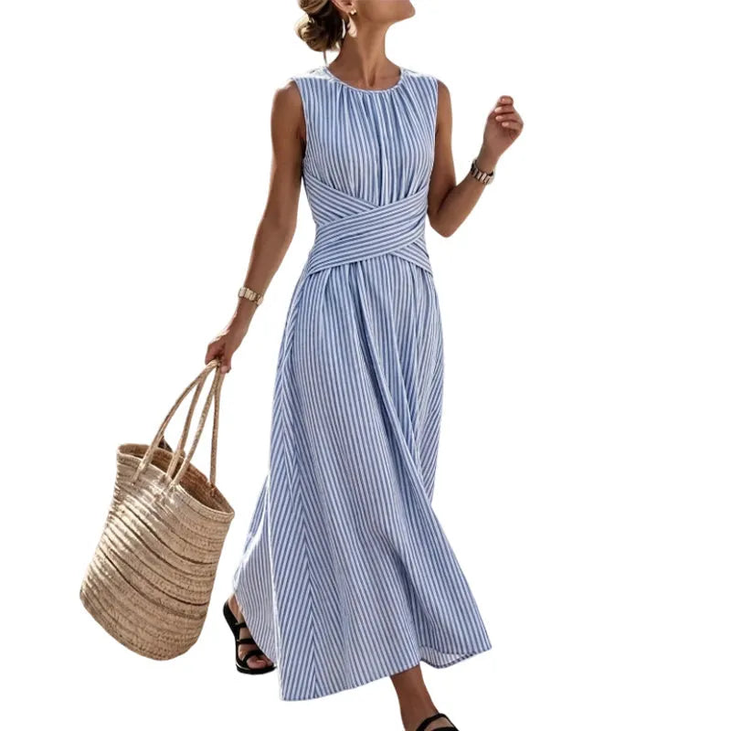Abito maxi donna a righe con vita incrociata