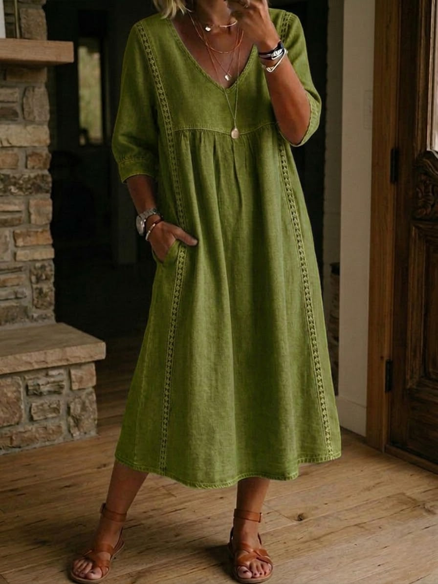 Abito midi donna in cotone lino con pizzo e tasche