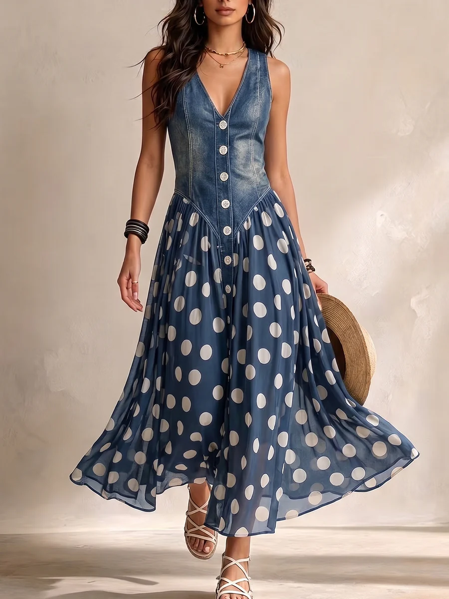 Abito lungo donna senza maniche con corpetto denim e gonna a pois