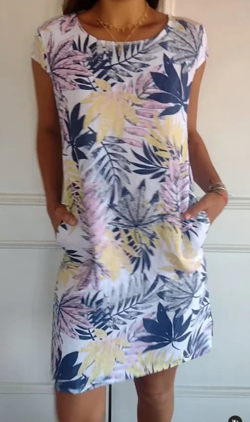 Abito donna fluido con stampa botanica e tasche